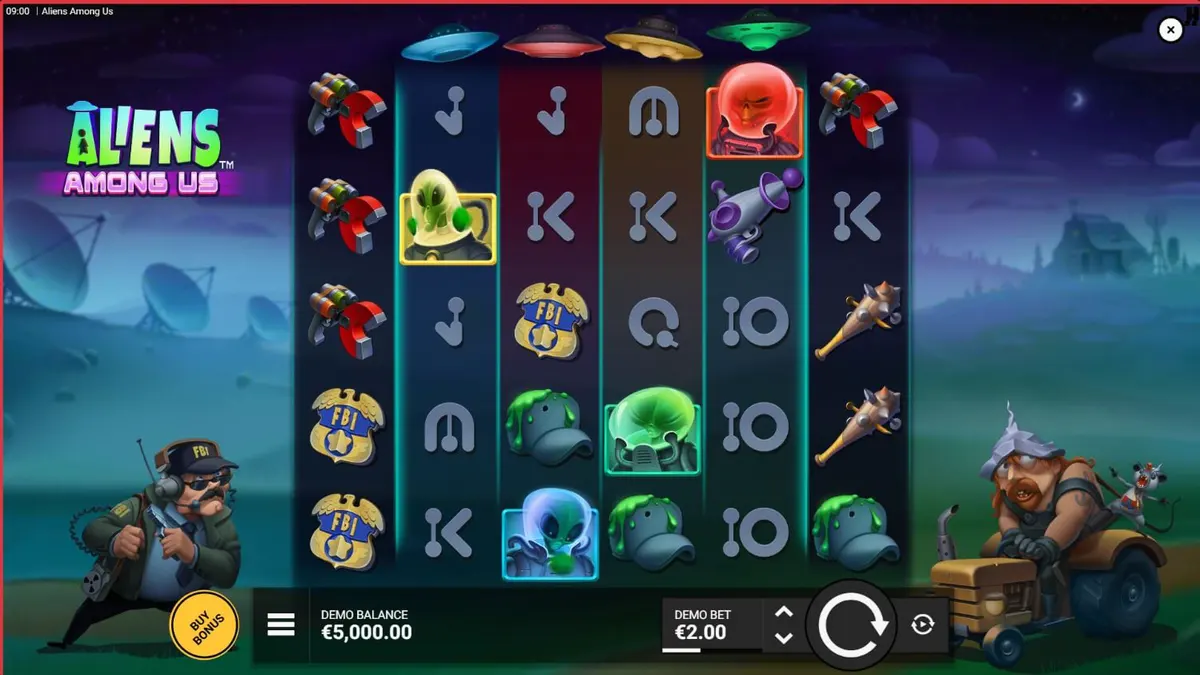 Aliens Among Us slot game interface featuring FBI agents and aliens