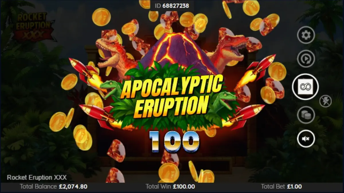 Rocket Eruption XXX স্লট গেমের একটি দৃশ্য যেখানে আগ্নেয়গিরি এবং রকেট প্রতীক দেখা যাচ্ছে